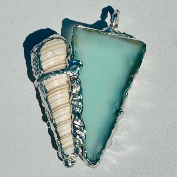 Sea Glass and Conch Pendant Encased with Intricate Artisan Boho Style Metalwork - Picture 4 of 14